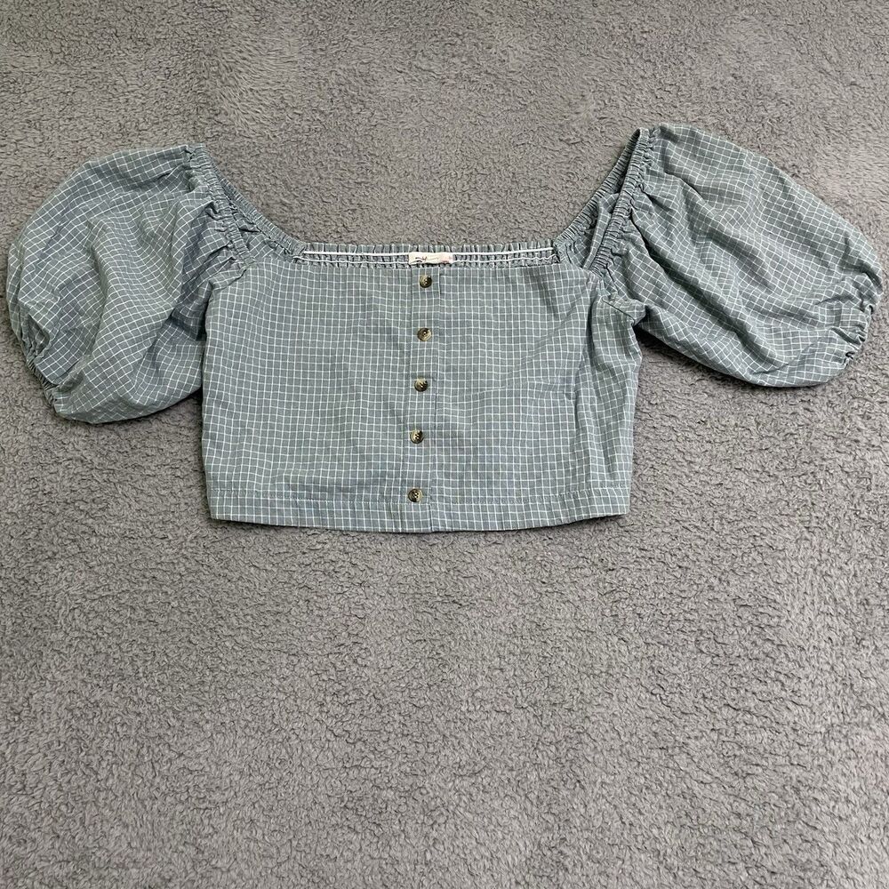 Le Lis Womens Smocked Crop Top Ballon Sleeves Size Large Button Front Blue White